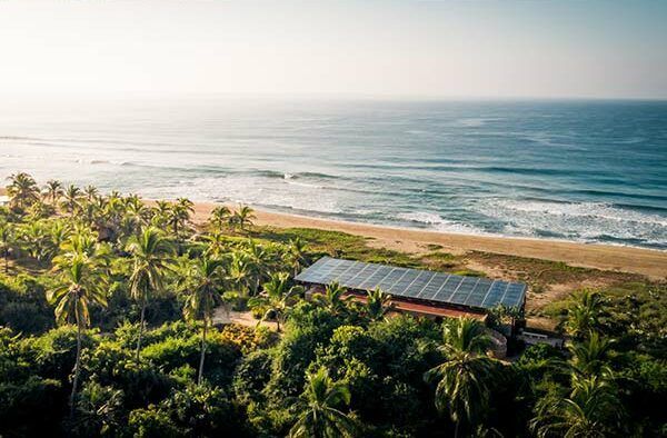 An aerial view of a beach with palm trees and a building with solar panels on it.