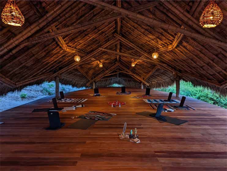 A large wooden room with a thatched roof and yoga mats on the floor.