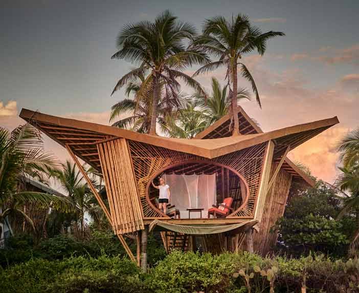 A man is standing on the balcony of a bamboo house surrounded by palm trees.