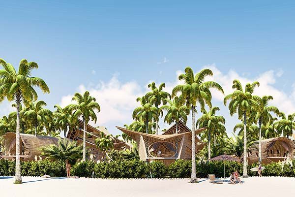 An artist 's impression of a beach resort with palm trees and thatched huts.