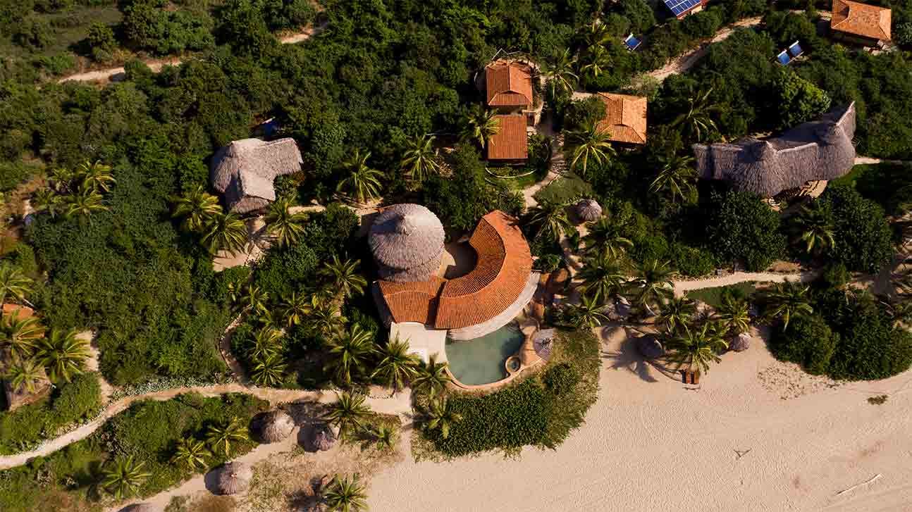 An aerial view of a tropical resort with a swimming pool surrounded by palm trees.