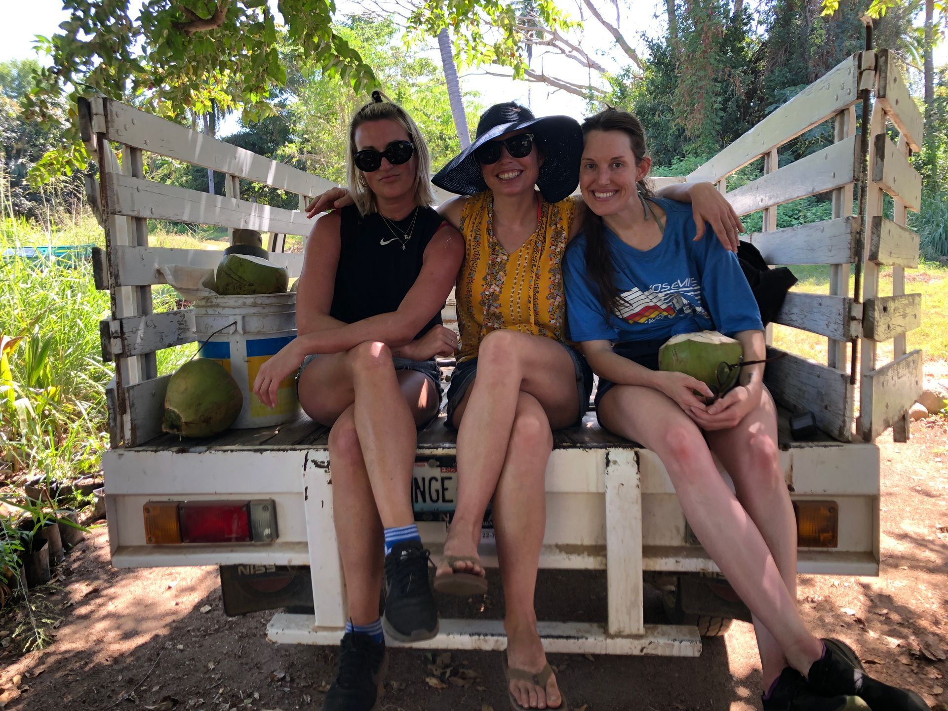 Three women are sitting on the back of a truck holding coconuts.