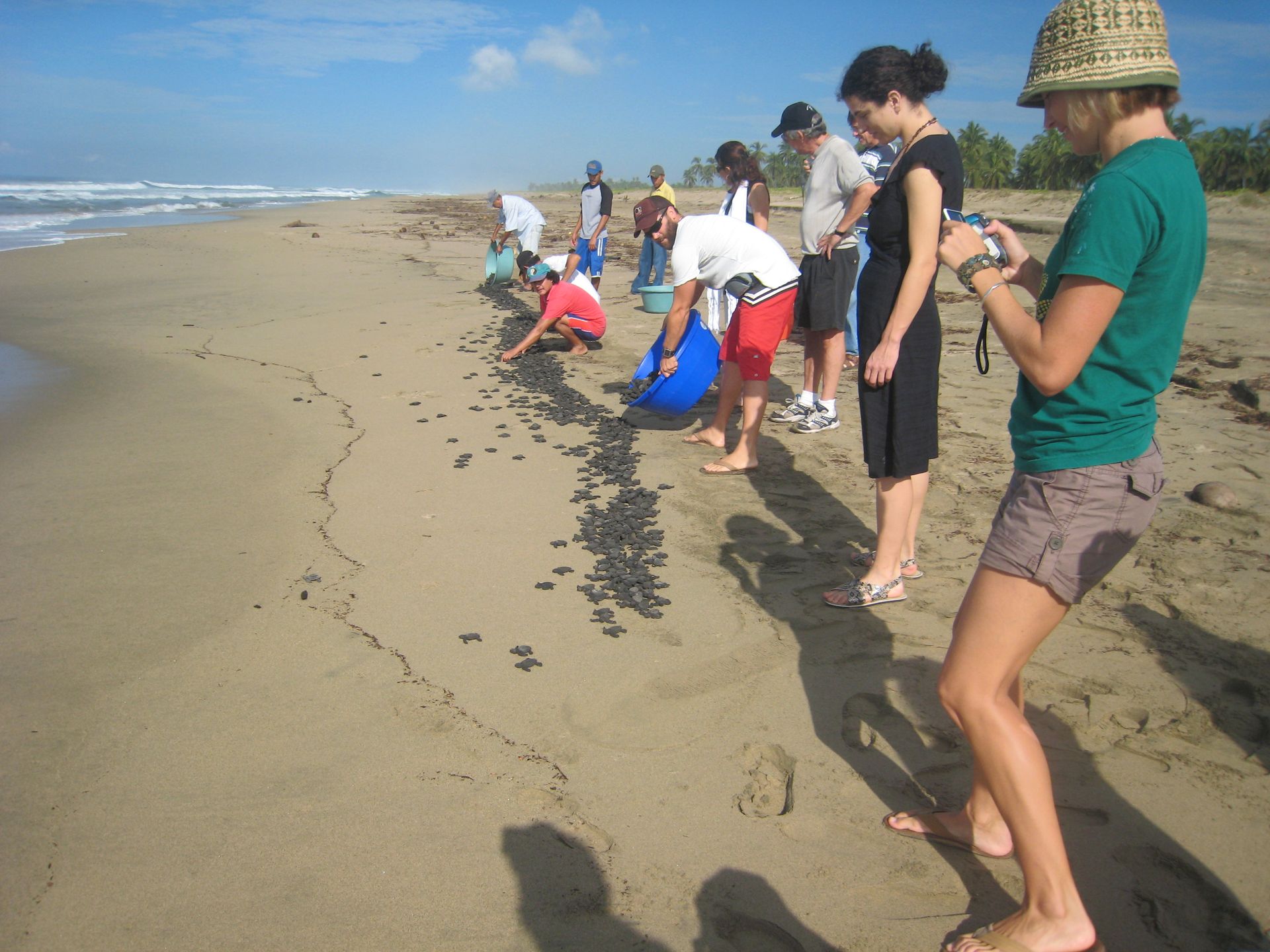 A group of people are standing on a sandy beach