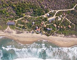 An aerial view of a beach with houses and trees