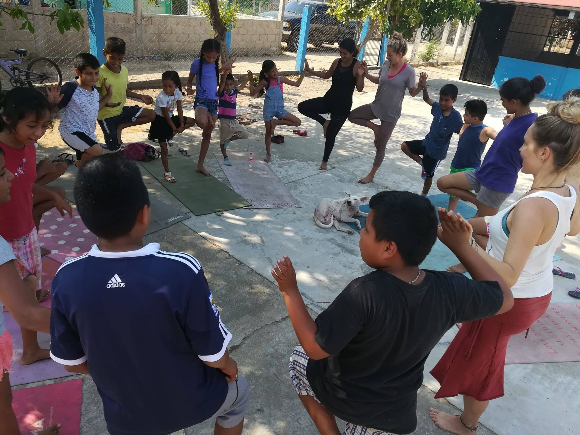 A group of children are doing yoga outside in a circle