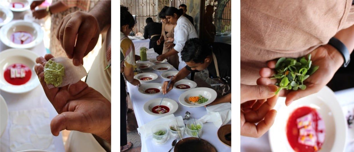 A group of people are standing around a table preparing food.