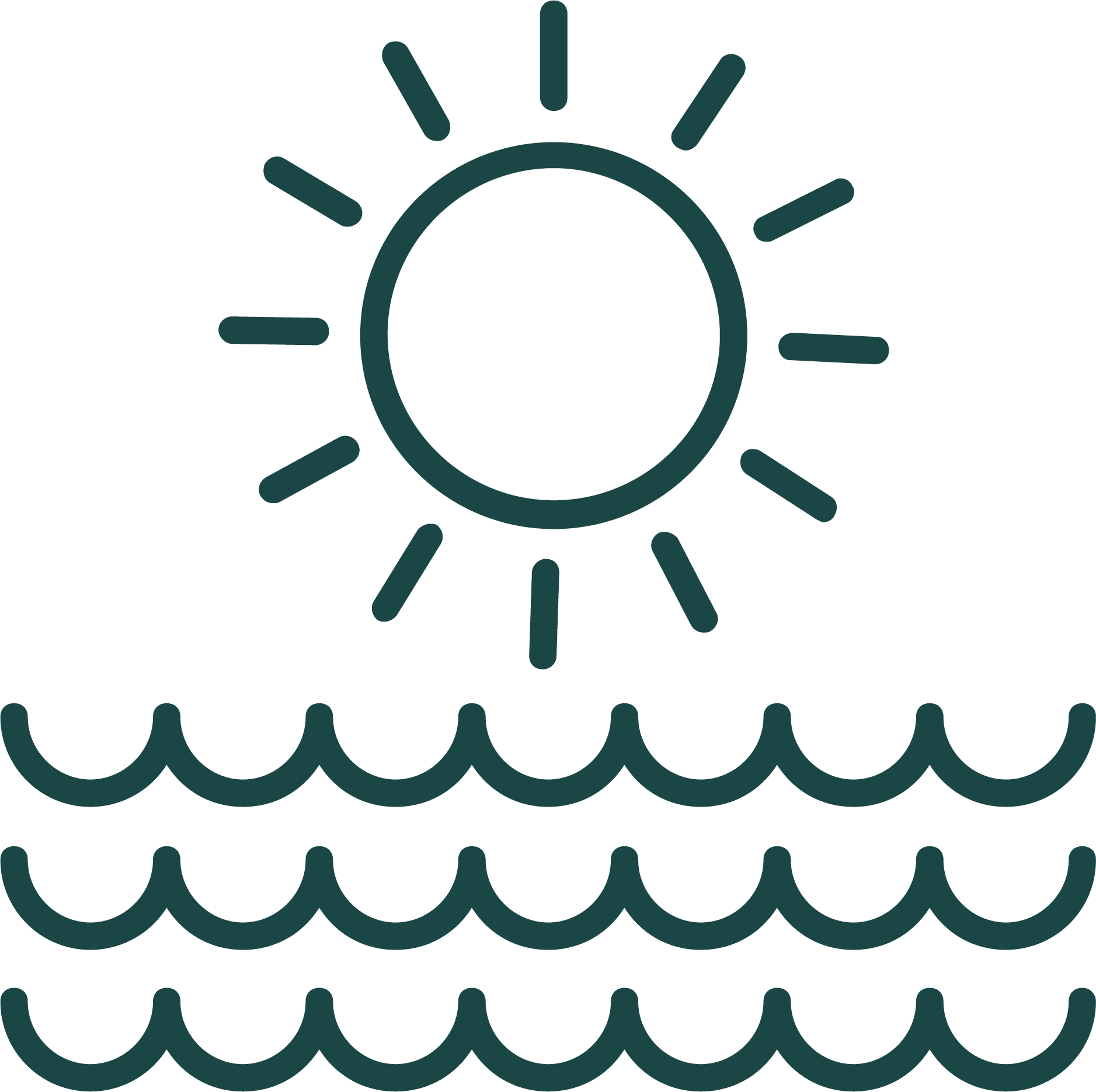A line drawing of a sun and waves in the ocean.