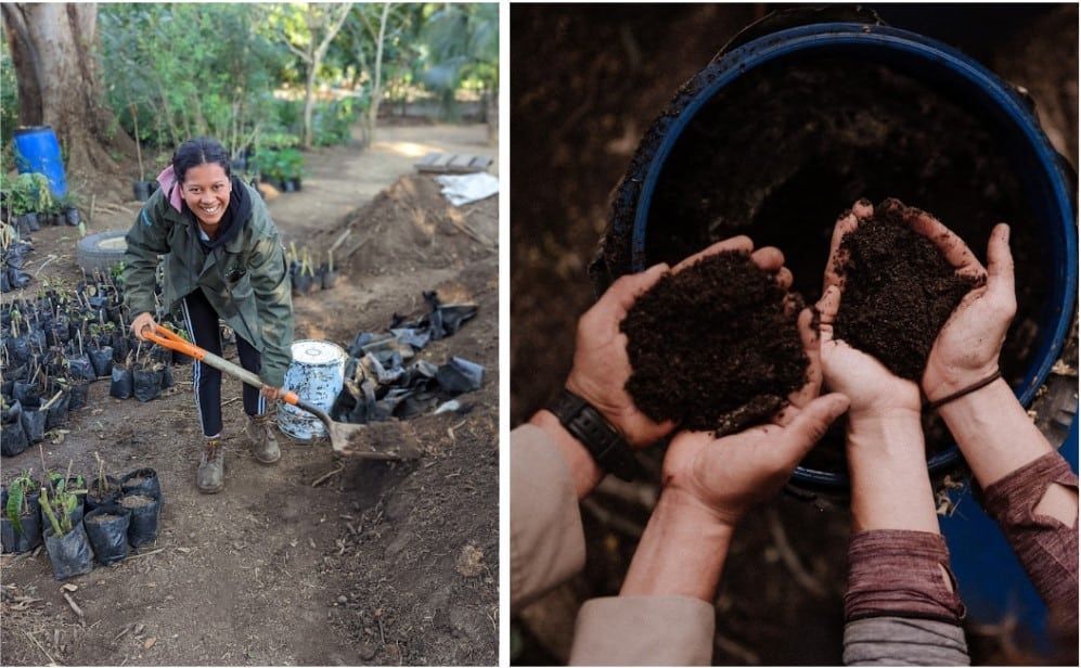 A woman is holding a shovel next to a bucket of dirt.