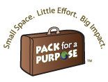 A brown suitcase with the words `` pack for a purpose '' written on it.