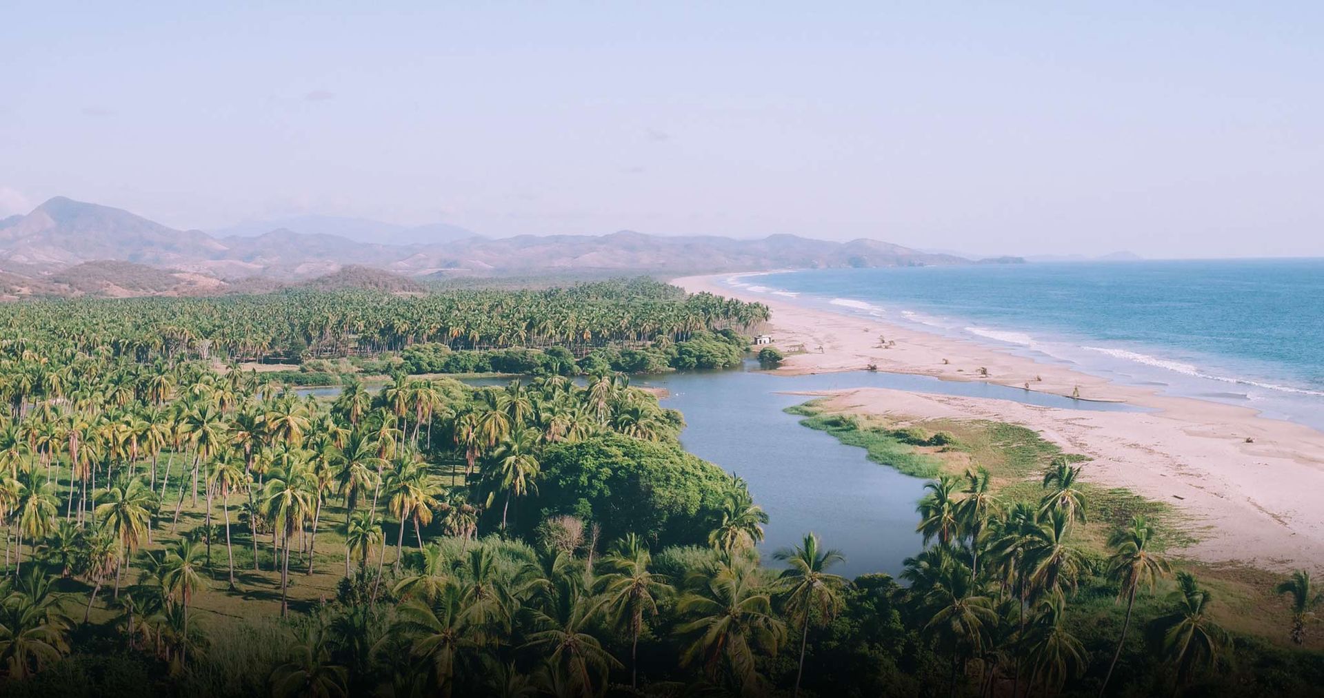 An aerial view of a beach surrounded by palm trees and a river.