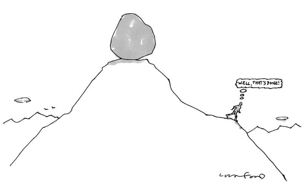 A cartoon of a man pushing a large rock up a hill.