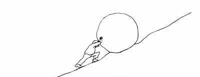 A black and white drawing of a man pushing a large rock up a hill.