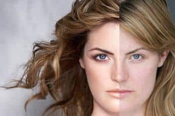 A close up of a woman 's face with and without makeup.