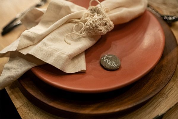 A napkin is sitting on top of a plate on a table.