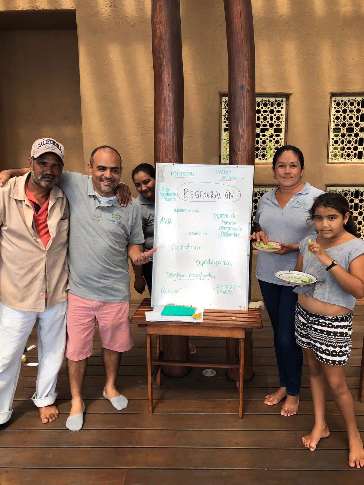 A group of people are posing for a picture in front of a white board.