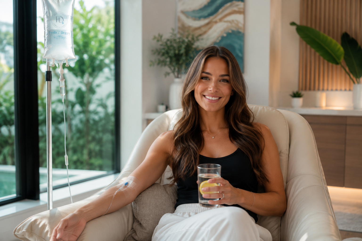 Woman smiling on a white chair, holding a drink in a bright living room by a large window.
