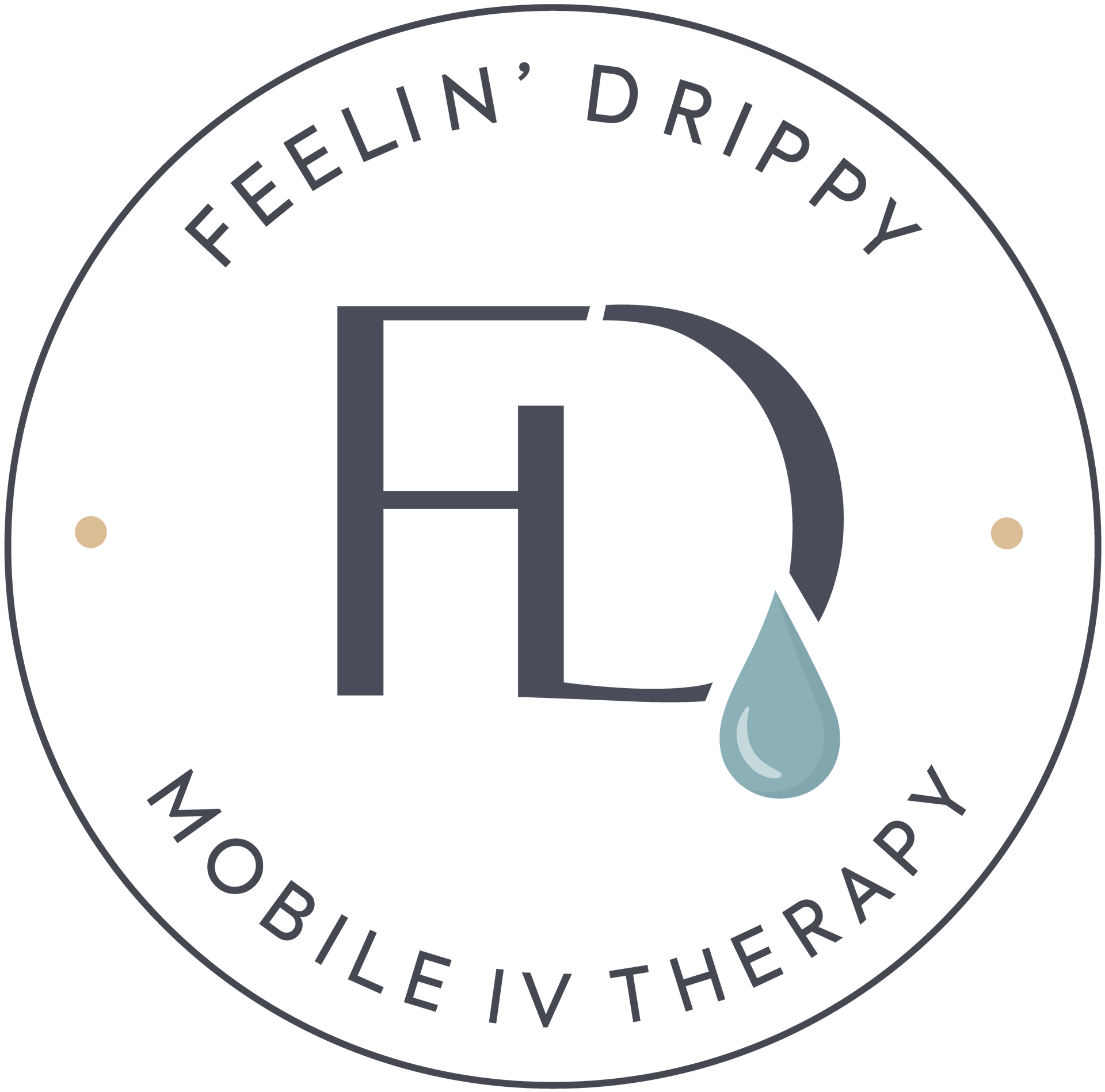 Feelin’ Drippy Mobile IV Therapy logo with gray FD initials and blue droplet on white circle