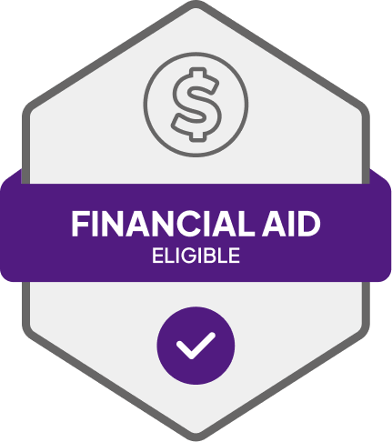 Badge: Financial Aid Eligible, blue banner, building icon, dollar sign.