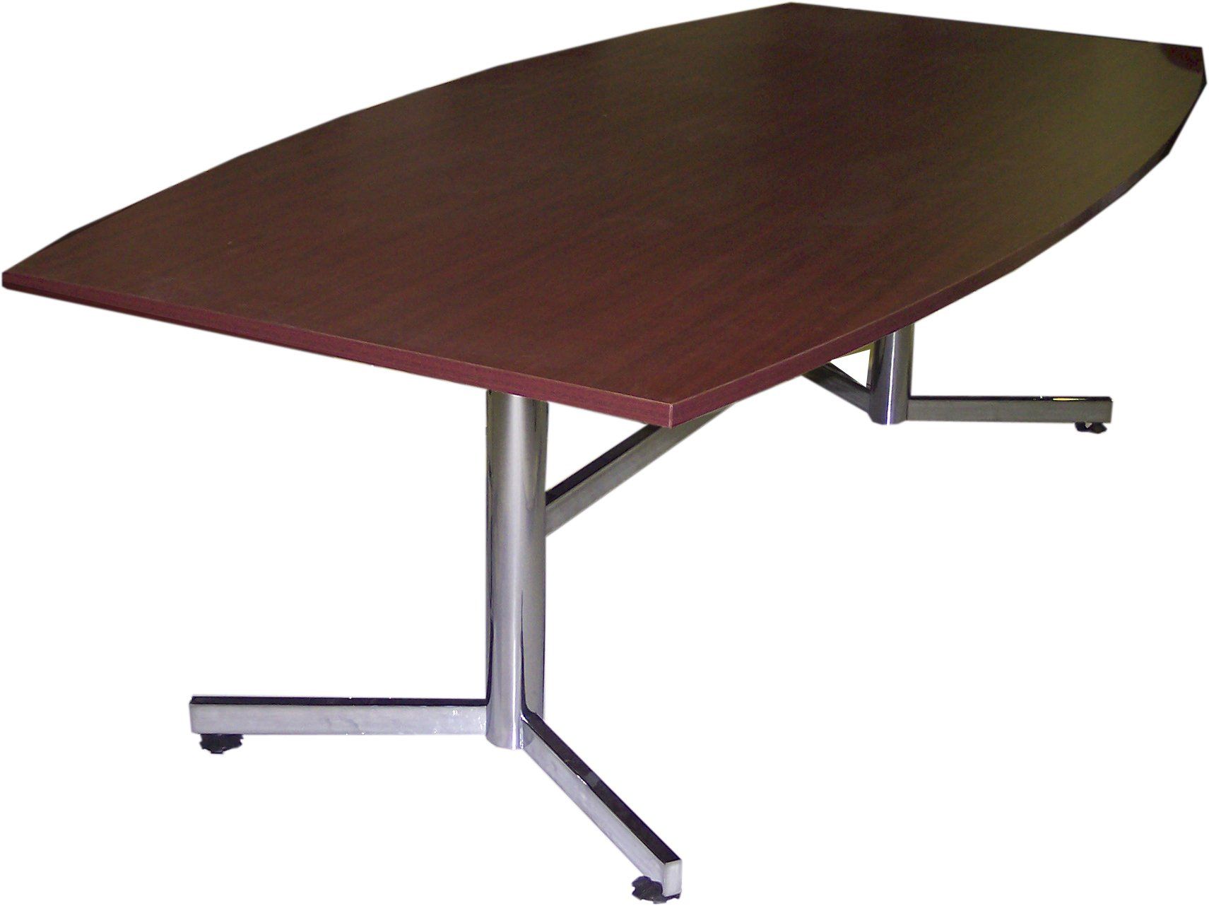 chrome base boat-shaped boardroom table redwood