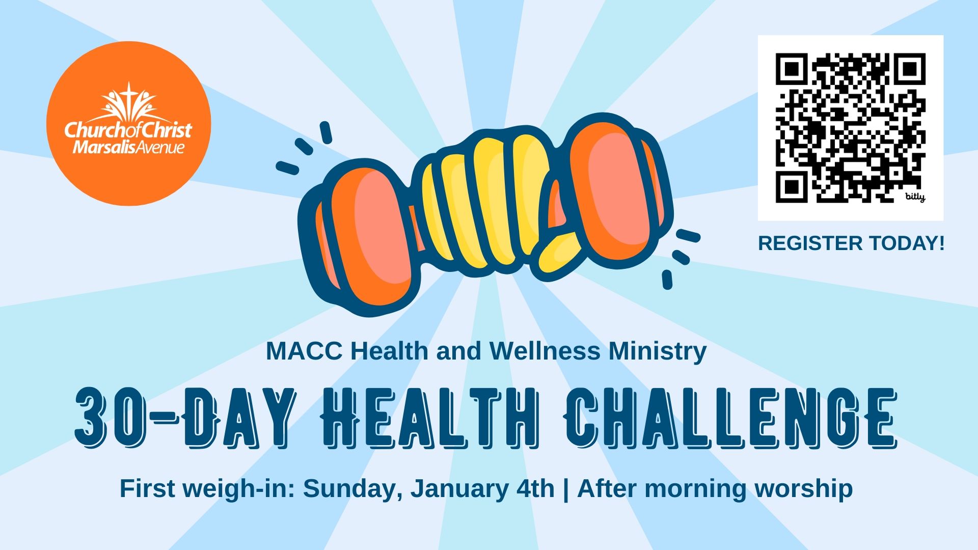 Advertisement for a 30-day health challenge hosted by MACC Health and Wellness Ministry. Includes a dumbbell graphic, and QR code to register.