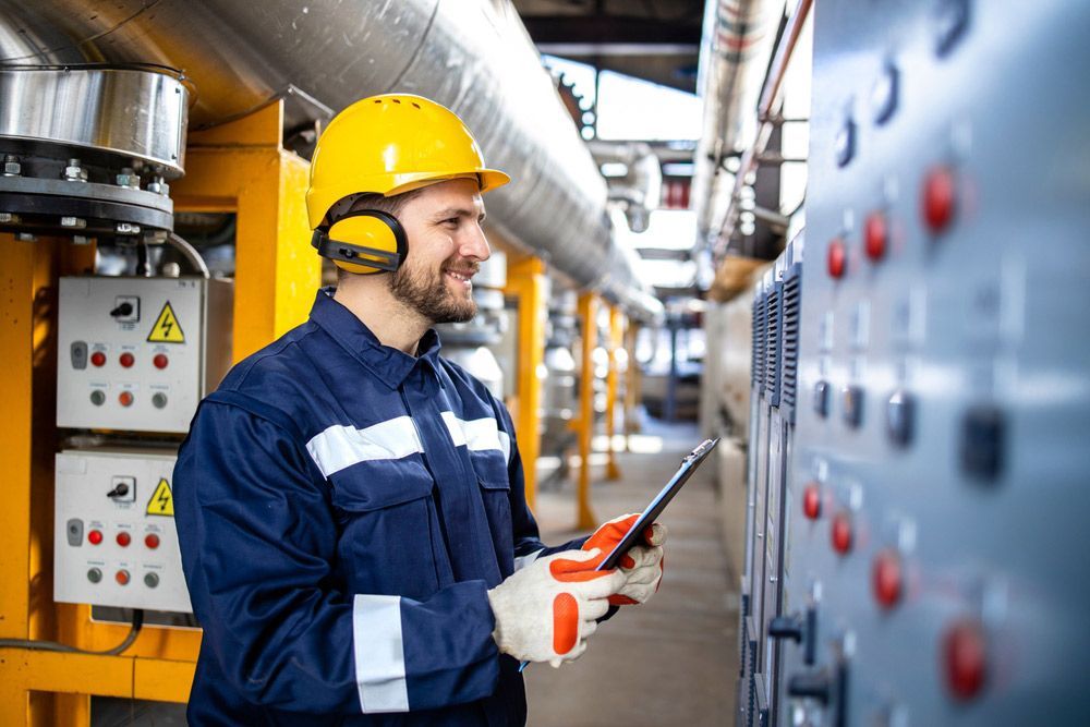 A Man In A Hard Hat Is Using A Tablet In A Factory — Wylec In Lake Macquarie, NSW