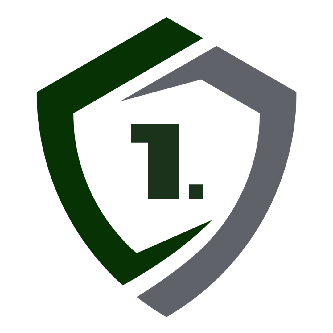 Dark green and gray shield with the number 