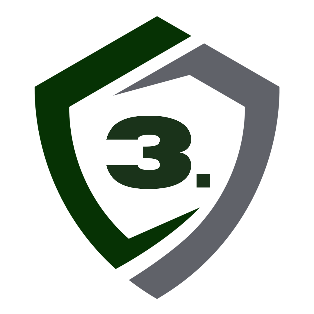 Shield logo with the number 3. in dark green.