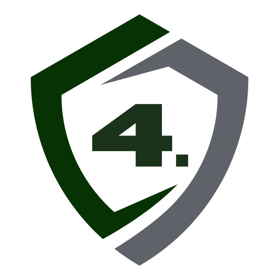 Green and gray shield logo with the number 4. inside.