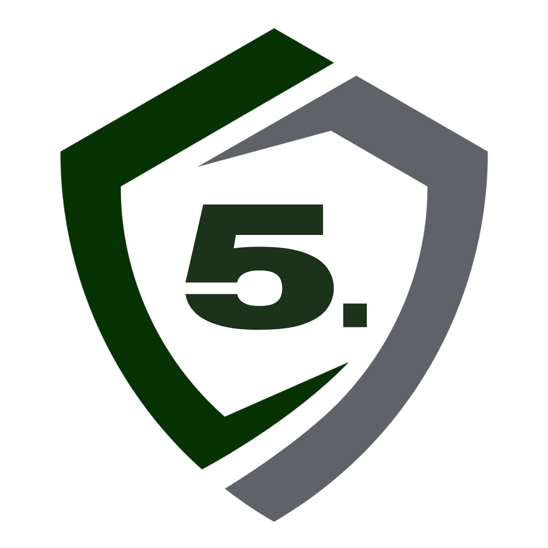 Dark green and gray shield logo with the number 5. inside.