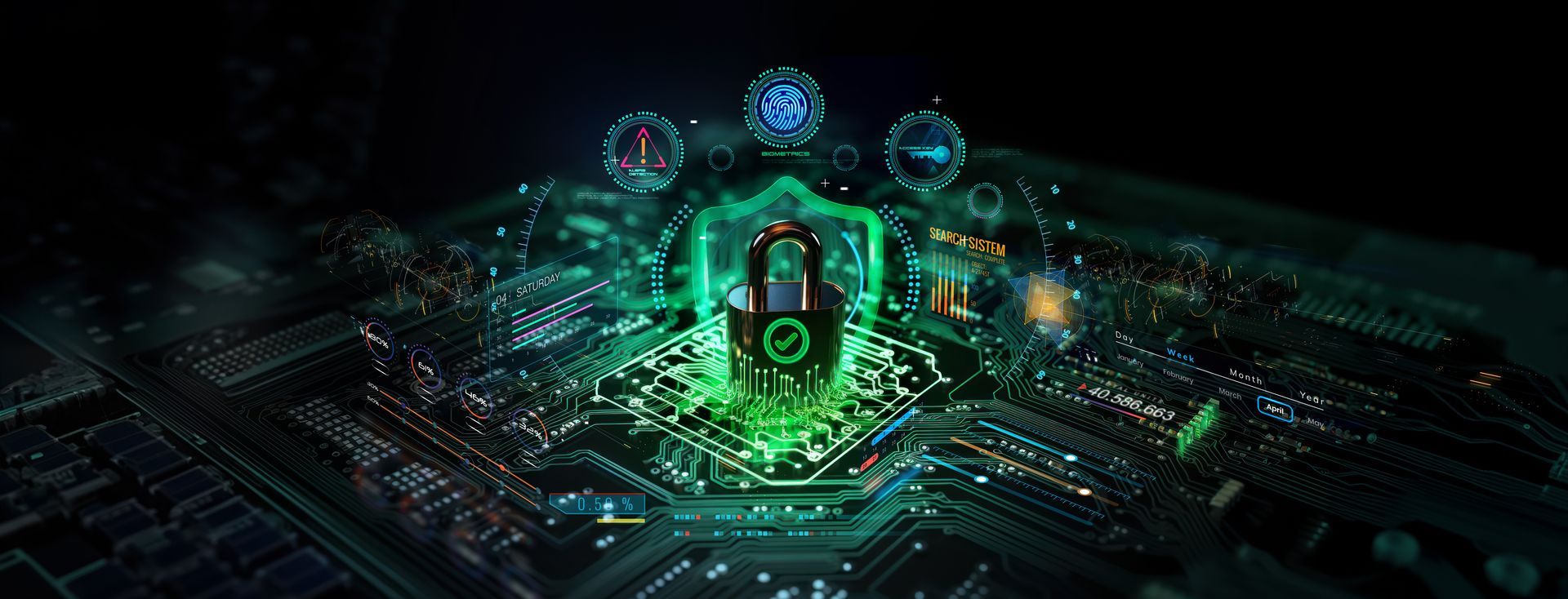 Glowing green digital padlock on a circuit board, surrounded by data indicators.