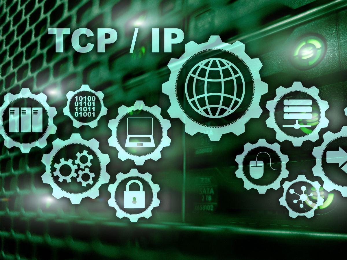 Green server rack with TCP/IP overlay of gears and network icons.