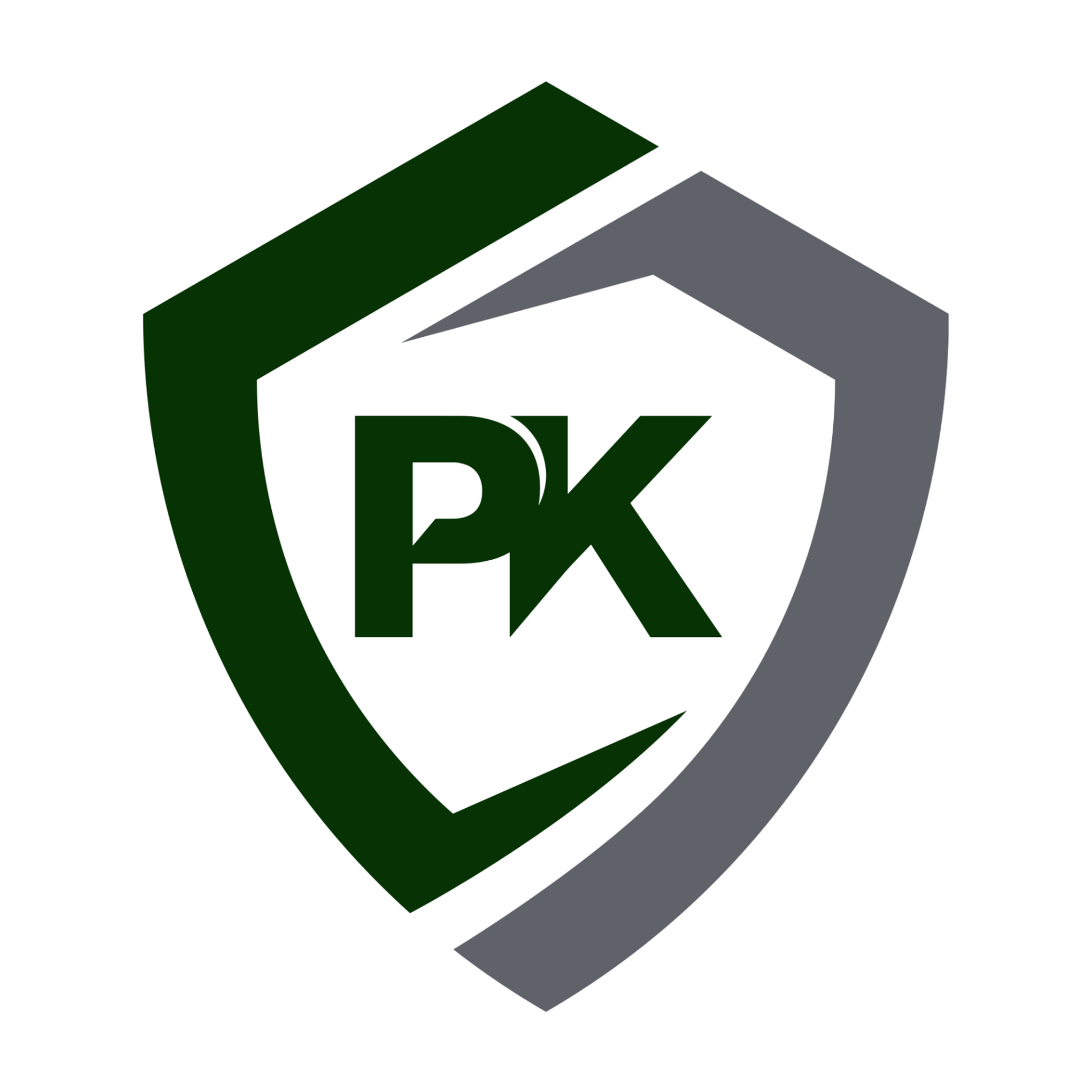 Dark green and gray shield logo with 