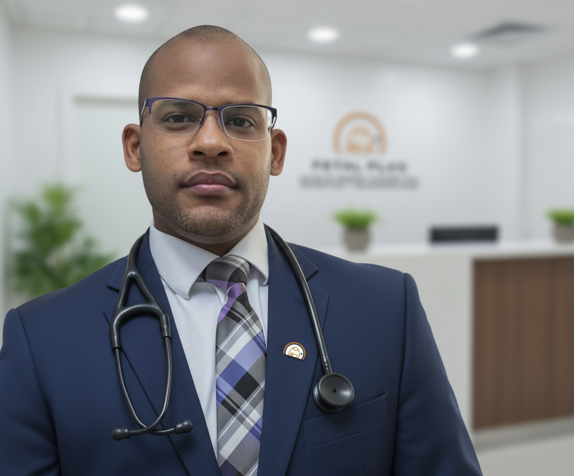 Hombre con traje y estetoscopio alrededor del cuello en un consultorio médico.