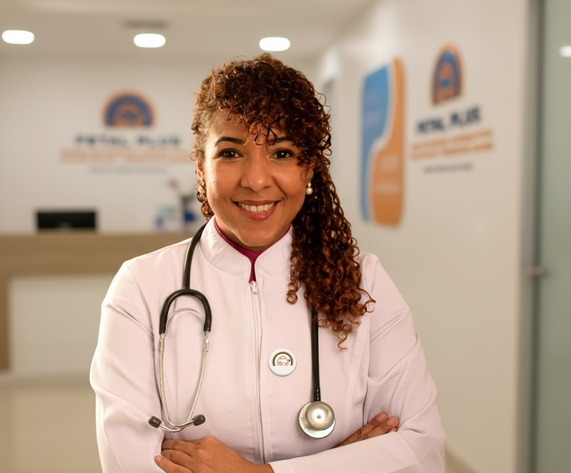 Médico sonriente con bata blanca y estetoscopio; entorno de oficina.