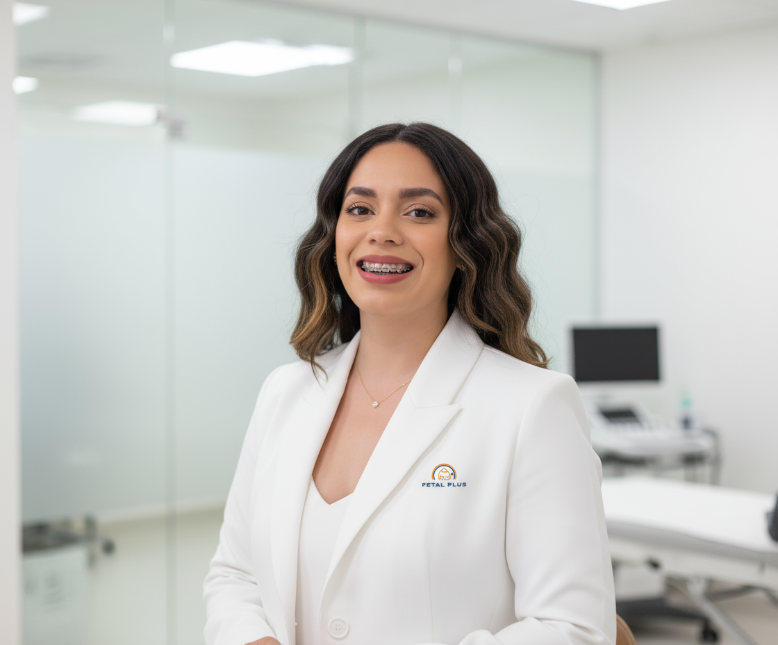 Una mujer con aparatos ortopédicos y una chaqueta blanca sonríe en el consultorio médico.