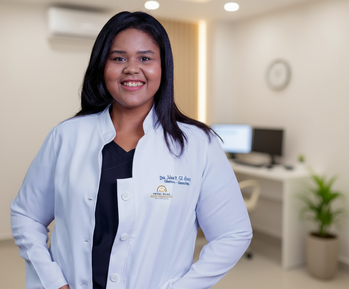 Mujer sonriente con bata de laboratorio blanca, cabello oscuro, en un consultorio médico.