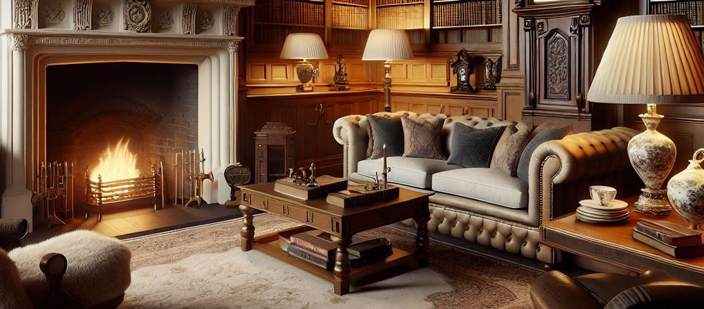 essential oils Cozy library interior with a fireplace, sofa, lamps, and bookshelves filled with books.