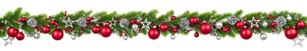 a christmas garland with red and silver decorations on a white background .