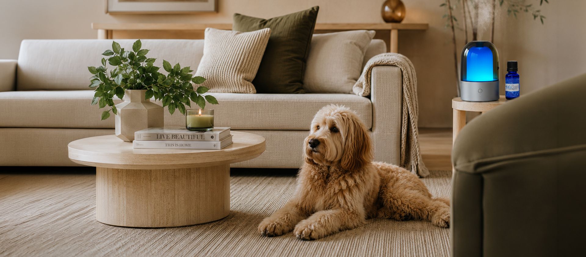 Diffuser and dog in home Brown dog lying on a rug in a cozy beige living room beside a round coffee table and sofa