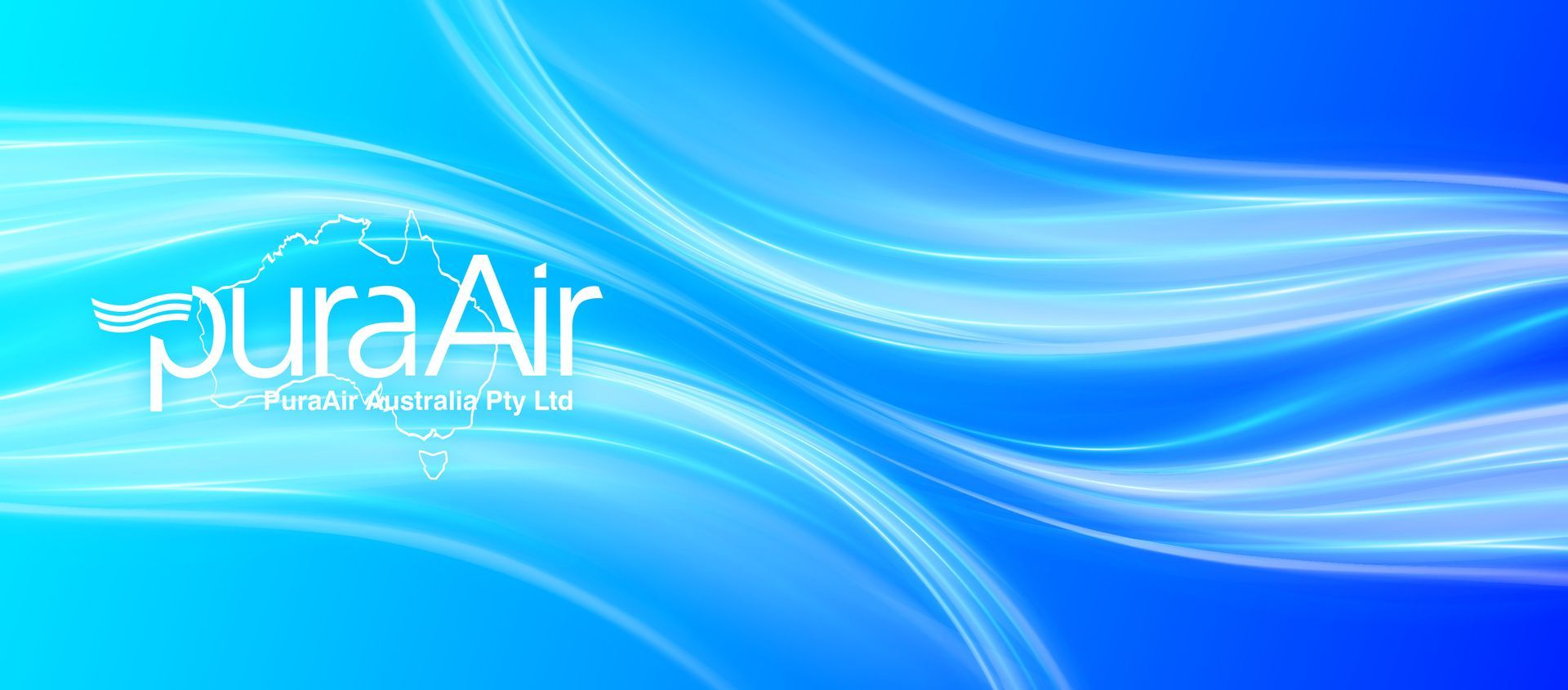 A blue, abstract wavy background with the PuraAir company logo and text, featuring a subtle map outline of Australia.