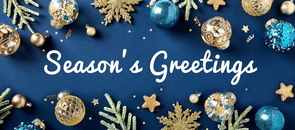 a blue background with christmas decorations and the words season 's greetings