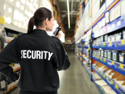 Security guard in black uniform, holding a radio, patrols a store aisle lined with merchandise.