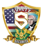 Shield-shaped security logo with US flag, George Washington portrait, eagle, and 