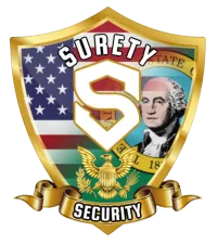 Shield logo with US flag, George Washington, eagle, and 