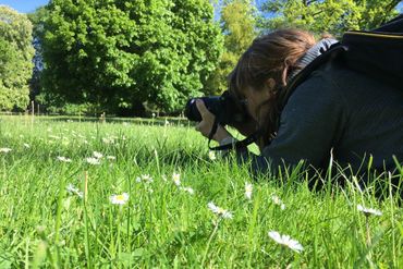 Das bin ich: auf dem Bauch liegend im Gras zwischen Gänseblümchen, bei der Suche nach der besten Perspektive für mein Fotomotiv
