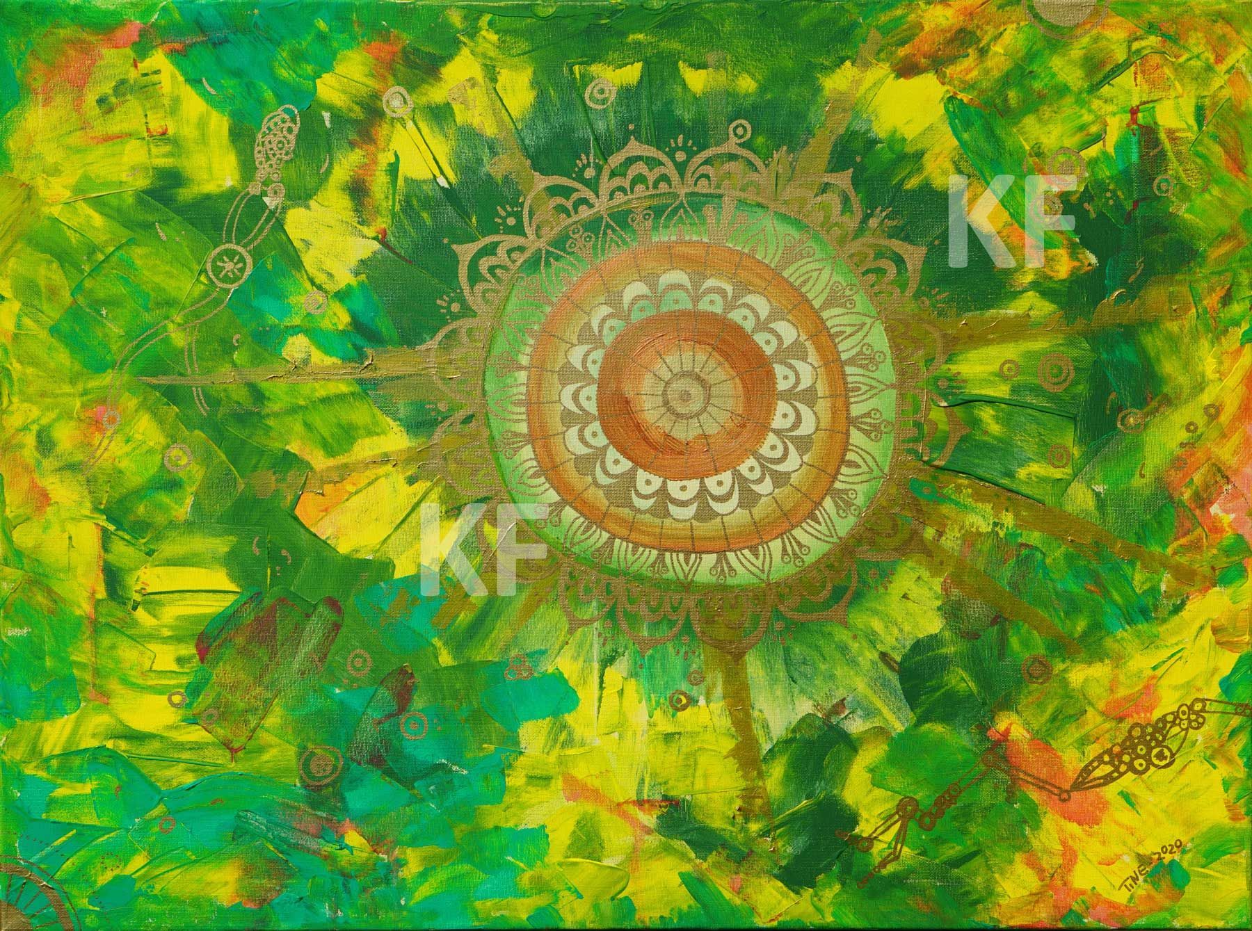 ein goldenes Mandala auf grün gelbem Hintergrund