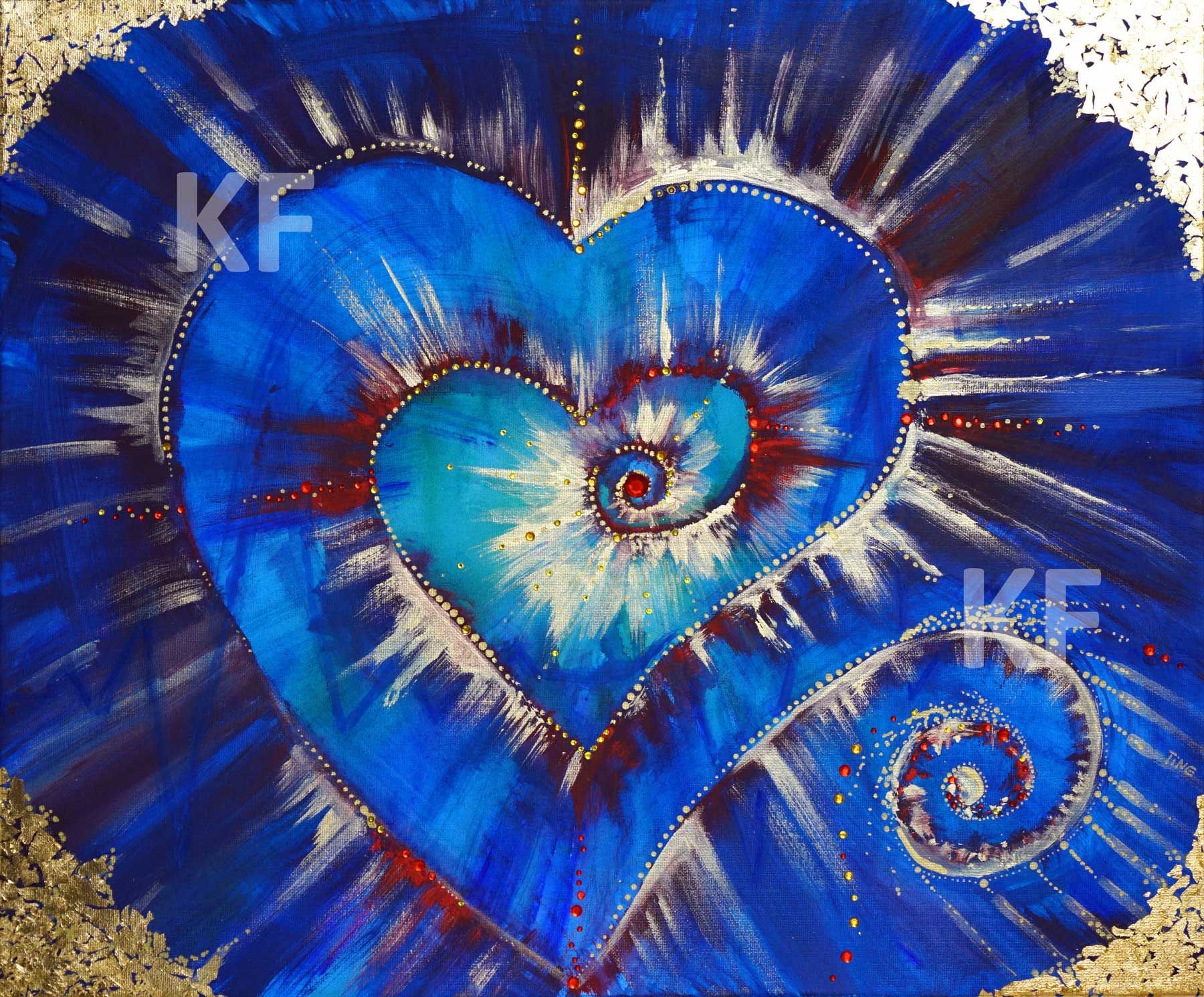 Eine dynamische Herzform in Gold un Rot auf blauem Untergrund