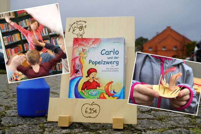 Kinderbuch: Carlo und der Popelzwerg - Bewegungsteil bei der Lesung und ein von Kindern gebasteltes Apfelschiffchen