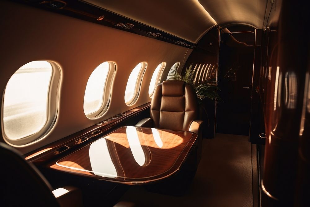The inside of a private jet with a table and chairs.