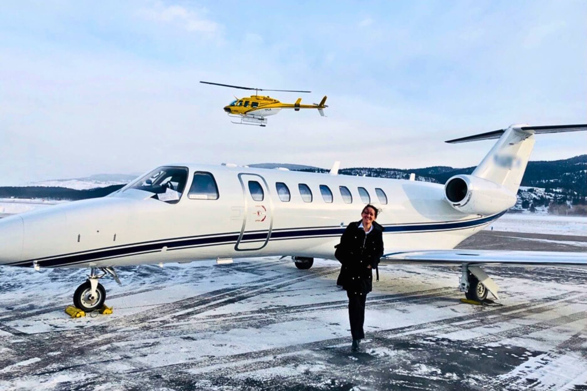 A close-up of a private jet with a price tag graphic showing cost comparison for winter charter